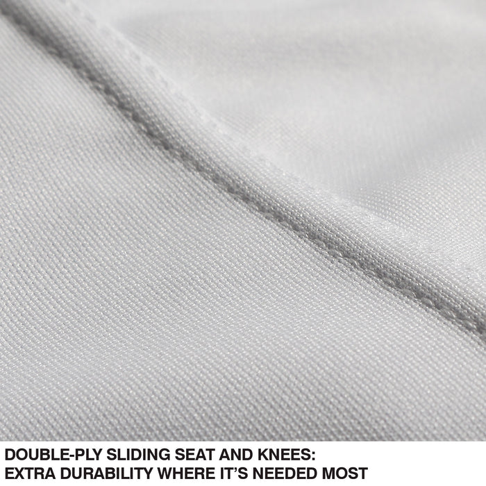Close-up of Champro Sports Girl's Low Rise Tournament Fastpitch Softball Pants (BP11G) in light gray, showing double-ply sliding seat and knees for extra durability, plus four-way stretch fabric for comfort where it’s needed most.