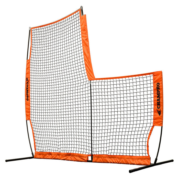 The Champro Sports MVP Portable L Screen: NB42 is a large, freestanding rebound net with an irregular shape, orange trim, black frame, and black netting. "Champro Sports" is printed on the orange sections—ideal for youth baseball or softball practice.