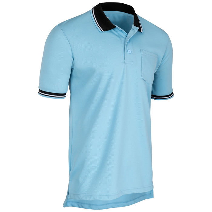 The Champro Sports Umpire Polo: BSR1 is a light blue, breathable polyester mesh shirt with a black collar, black-and-white striped accents on the collar and cuffs, plus a left chest pocket.