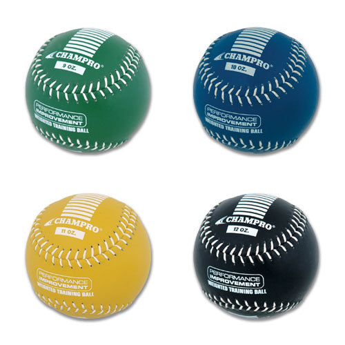 The Champro Sports Weighted Training Softball Set (4 Pack): CSB7S features green, blue, yellow, and black softballs (9 oz, 10 oz, 11 oz, 12 oz), each marked with Champro Sports branding—perfect for overload training.