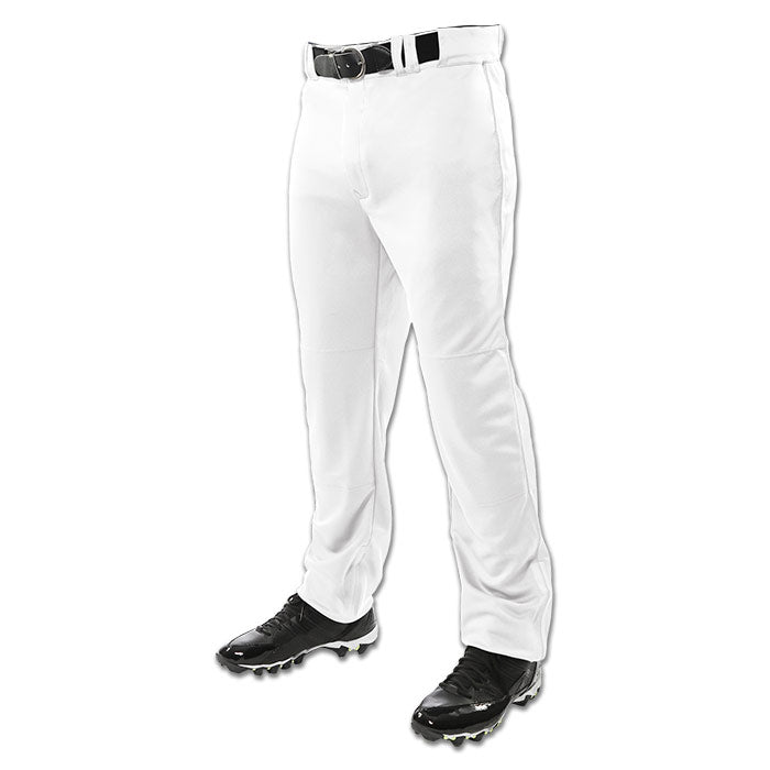 A person models Champro Sports Champro Youth Triple Crown Open Bottom Baseball Pants (BP9UY) with a black belt and black cleats, standing against a white background. The double knit fabric enhances durability. Upper body is not shown.