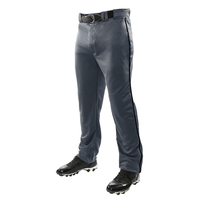 A person wears Champro Sports Youth Triple Crown Open Bottom Baseball Pants with piping (BP91UY), double knit polyester, featuring a black side stripe, black belt, and black cleats. Only the lower half is visible against a white background.
