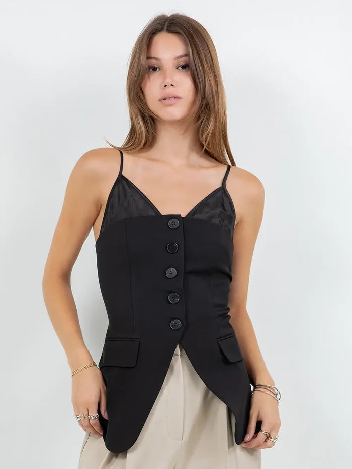 Combo Button Down Vest Top - Black