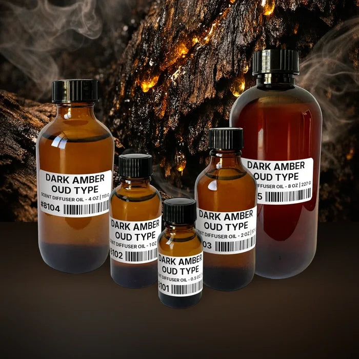 Dark Amber Oud Type Scent Diffuser Oil - 0.5 oz | 14 g fragrance bottle image with atmospheric background for Scent Diffuser Oil. Premium lifestyle product photo for fragrance listing.