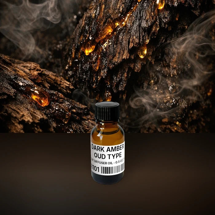 Dark Amber Oud Type Scent Diffuser Oil - 0.5 oz | 14 g fragrance bottle image with atmospheric background for Scent Diffuser Oil. Premium lifestyle product photo for fragrance listing.