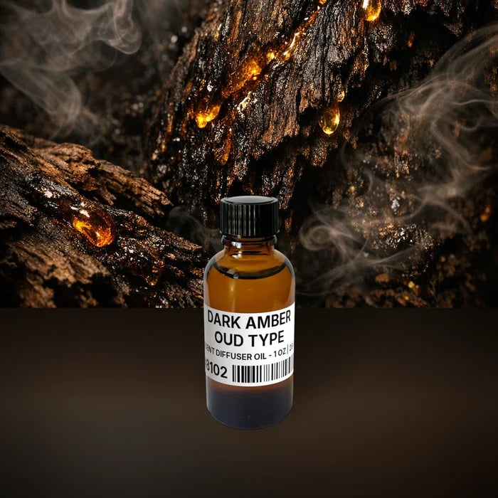 Dark Amber Oud Type Scent Diffuser Oil - 1 oz | 28 g fragrance bottle image with atmospheric background for Scent Diffuser Oil. Premium lifestyle product photo for fragrance listing.