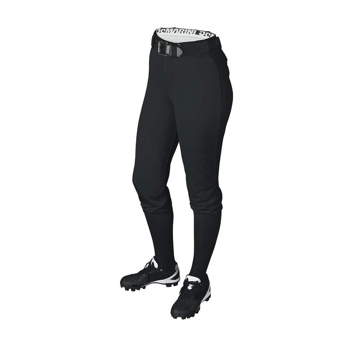 A person is shown from the waist down wearing DeMarini Girl's Belted Fastpitch Softball Pants (WTD4040), a black belt, black knee-high socks, and black and white athletic cleats, all against a white background.