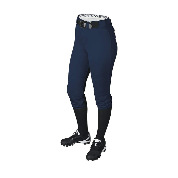DeMarini Girl's Belted Fastpitch Softball Pants (WTD4040) in navy blue, paired with a black belt, black socks, and black-and-white cleats; modeled from the waist down against a white background.