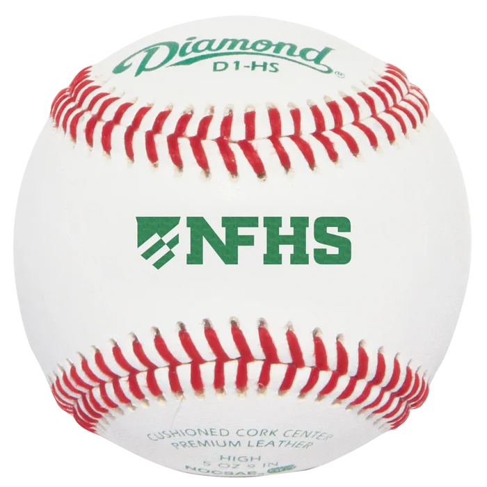 A close-up of the Diamond D1 NFHS NOCSAE Baseballs: D1-HS shows its white surface with red stitching and green Diamond logos, including NFHS approval and other product details printed on it.