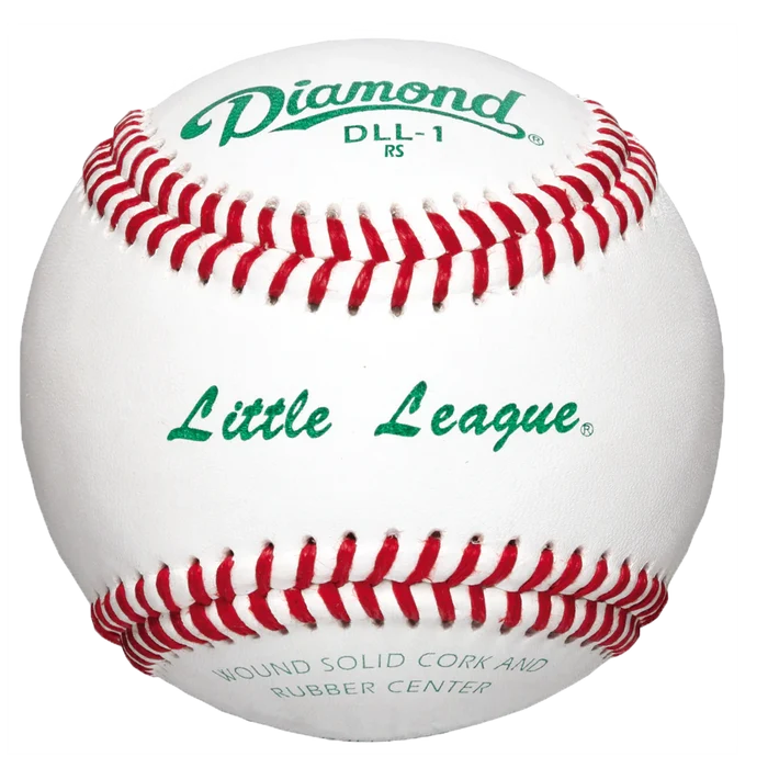 The Diamond DLL-1 Little League Baseball features a white full-grain leather cover, red stitching, and green text reading "Diamond DLL-1 RS" and "Little League," plus details about its cork and rubber center.