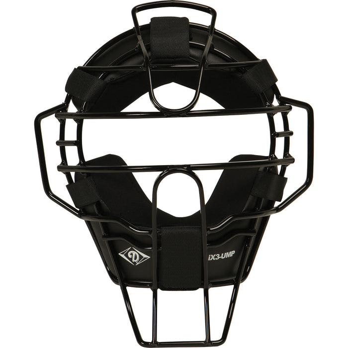 The Diamond iX3 Umpire Face Mask (DFM-iX3 UMP) by Diamond features a black ultra-lite single eye-bar metal frame, padded interior, adjustable straps, and Quik-Dry pads for adult protection and comfort during baseball or softball games.