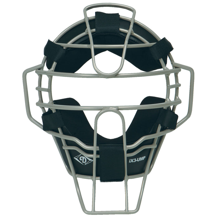 The Diamond iX3 Umpire Face Mask (DFM-iX3 UMP) by Diamond features a lightweight ultra-lite single eye-bar metal frame, black Quik-Dry pads, and multiple straps, designed for superior protection in baseball or softball games.