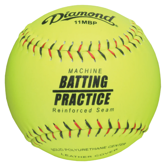 A bright yellow Diamond Machine Batting Practice 11" Leather Fastpitch Softball (11MBP) with red stitching, featuring "Diamond 11MBP," "Machine Batting Practice Reinforced Seam," and "Leather Cover" printed in black.