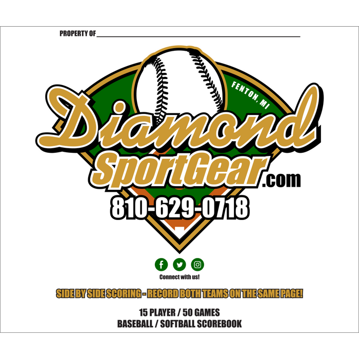 The My Scorebooks Diamond Sport Gear 15 Player Side by Side Scorebook (MSBXLG15) features a baseball logo on a white background—ideal for your lineup card or scorebook, capturing the true spirit of the game.