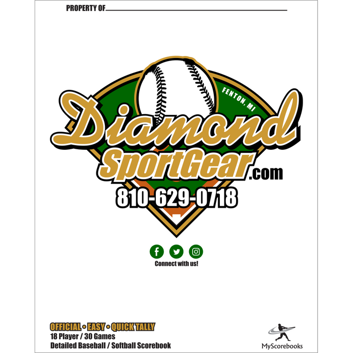 Logo for DiamondSportGear.com features a baseball, green home plate, "Fenton, MI" text, and 810-629-0718. Social icons and info about My Scorebooks' Diamond Sport Gear 18 Player Vertical Scorebook: MSB18 show at the bottom.