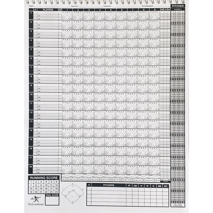 The Diamond Sport Gear 18 Player Vertical Scorebook: MSB18 by My Scorebooks features columns and rows for players, innings, pitches, and stats—plus sections for lineup details, running score, field diagram, and pitch counts.
