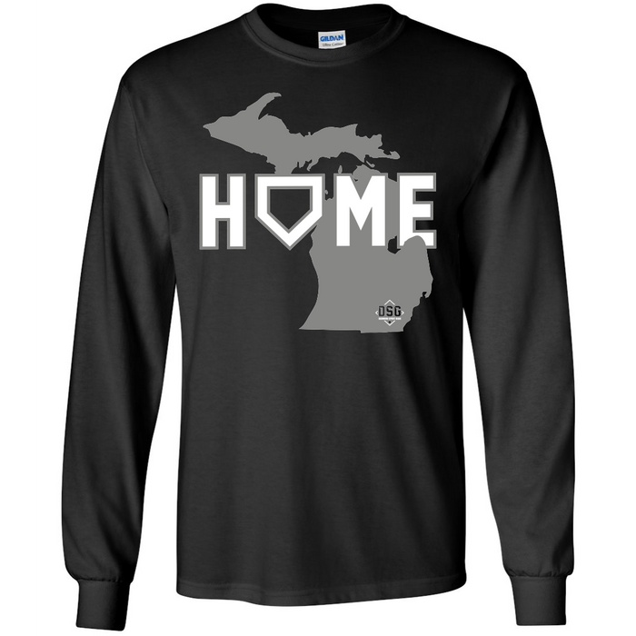 The DSG Apparel Home (Michigan) T-Shirt (DSG-HOME-MI) is a black long-sleeve cotton tee featuring a gray Michigan peninsula outline and "HOME" across the chest, with the "O" as home plate. Classic fit by DSG Apparel for comfort.