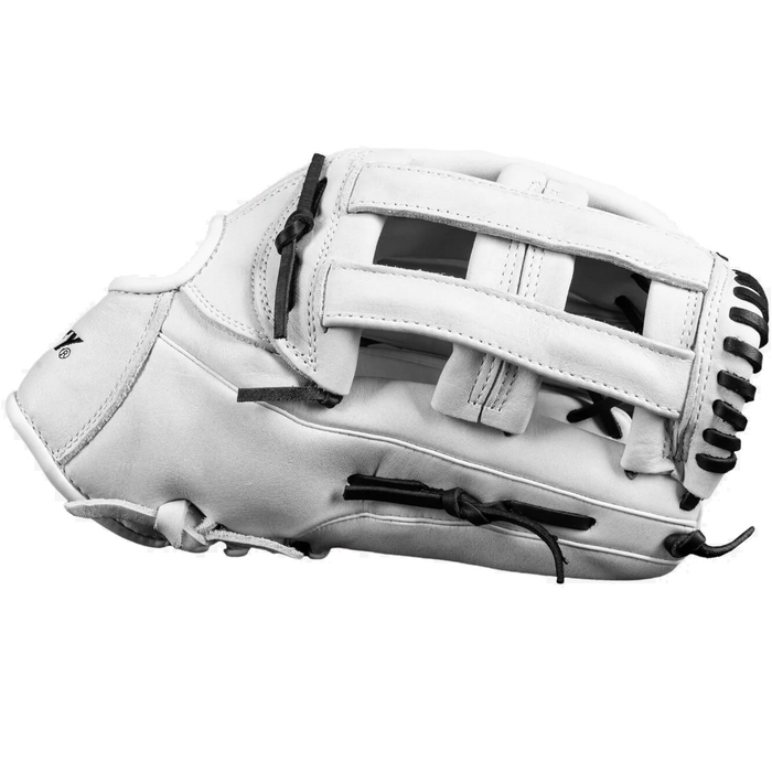The Dudley 13" Slowpitch Glove: DFG13H by Dudley features white leather, black laces, and an open web design, displayed on a plain white background.