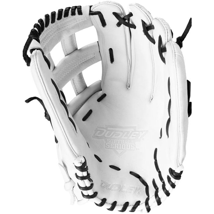 The Dudley 13" Slowpitch Glove: DFG13H, a white leather glove with black laces, is shown open to display its palm and finger slots against a plain white background.