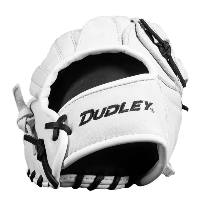 The Dudley 14" Slowpitch Glove: DFG14H by Dudley is a white leather glove with black text, ideal for slowpitch fielding.