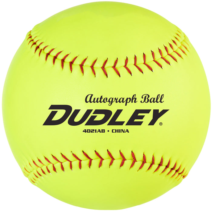 The Dudley 21" Trophy Autograph Softball (4D21AB) is a yellow softball with black text, ideal for autographs.