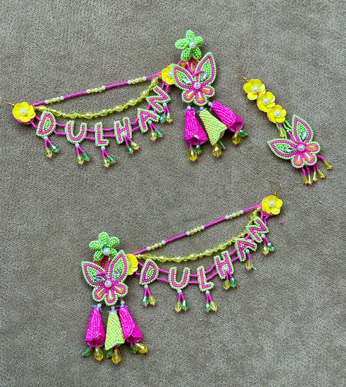 Dulhan Beaded Butterfly Earring & Tikka Set – Hot Pink & Lime Green