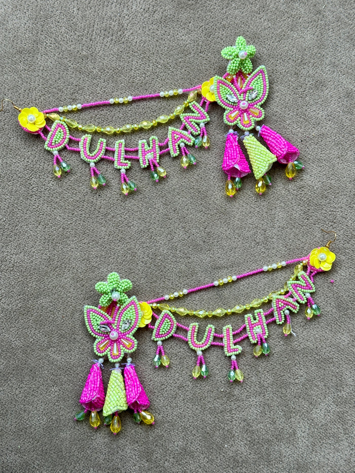 Dulhan Beaded Butterfly Earring & Tikka Set – Hot Pink & Lime Green