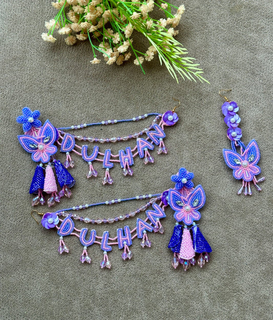 Dulhan Beaded Butterfly Earring & Tikka Set – Purple & Pink