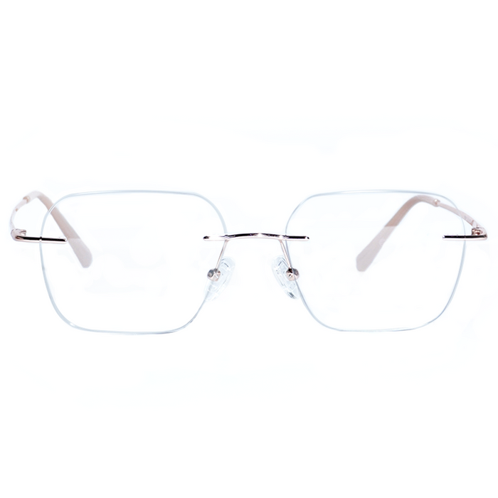 The EyeCandys Dusk Rimless Rectangular features minimalist, thin silver metal frames, large rectangular lenses, and temples with a subtle beige tint, all viewed from the front against a white background.