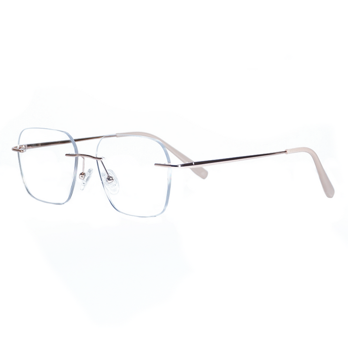The EyeCandys Dusk Rimless Rectangular features thin, rectangular metal frames, clear nose pads, and slender temples with light-colored tips—perfect minimalist eyewear set against a white background.