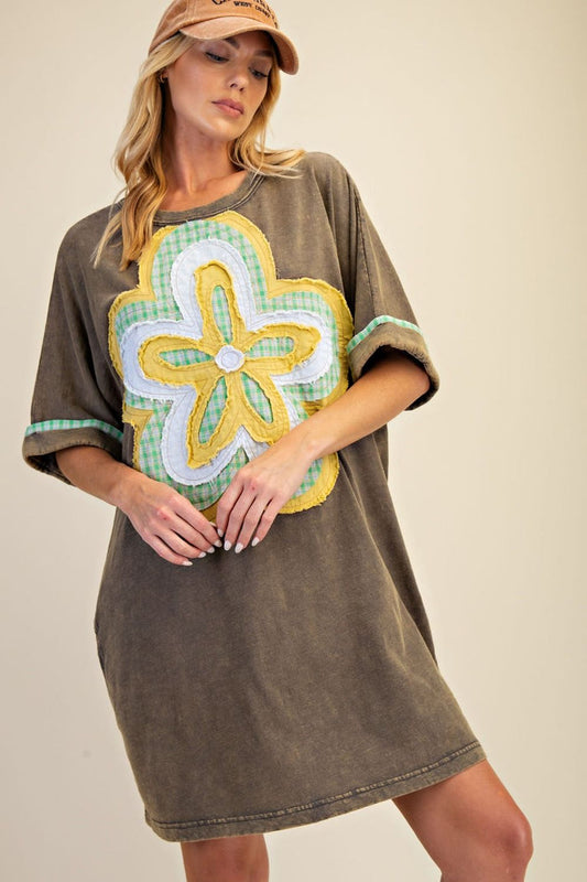 Easel Floral Patch Washed Cotton Dress