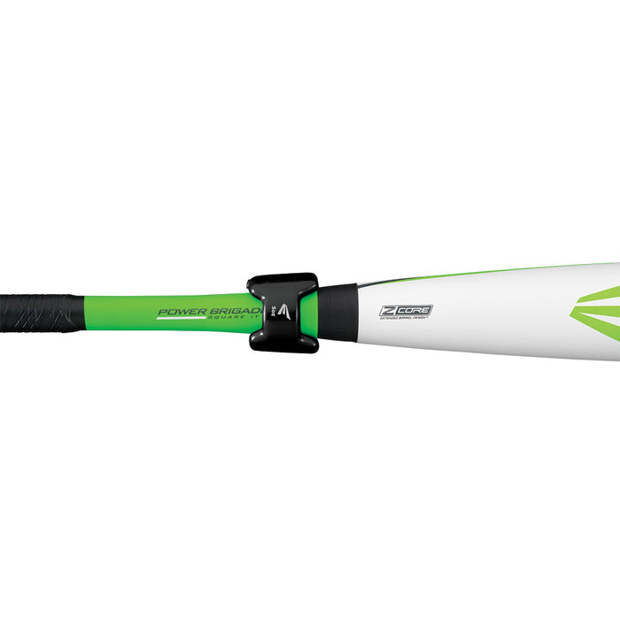 Close-up of a green and white Easton baseball bat with an Easton 5 oz Speed Bat Weight (A153019) attached to the barrel. "POWER BRIGADE" and "Z-CORE" are printed on it, designed to improve hand speed. The handle features black and green detailing.