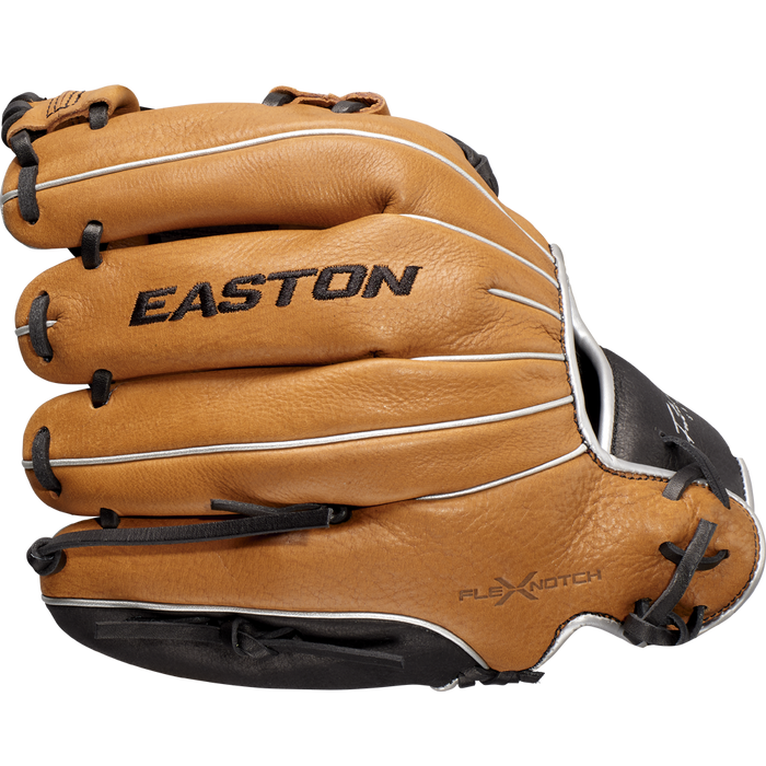 The Easton Future Elite 11" Baseball Glove (FE11-CRBK) features a brown and black design with visible stitching, “EASTON” in black letters on the back, and “FLEX NOTCH” near the base for improved flexibility.