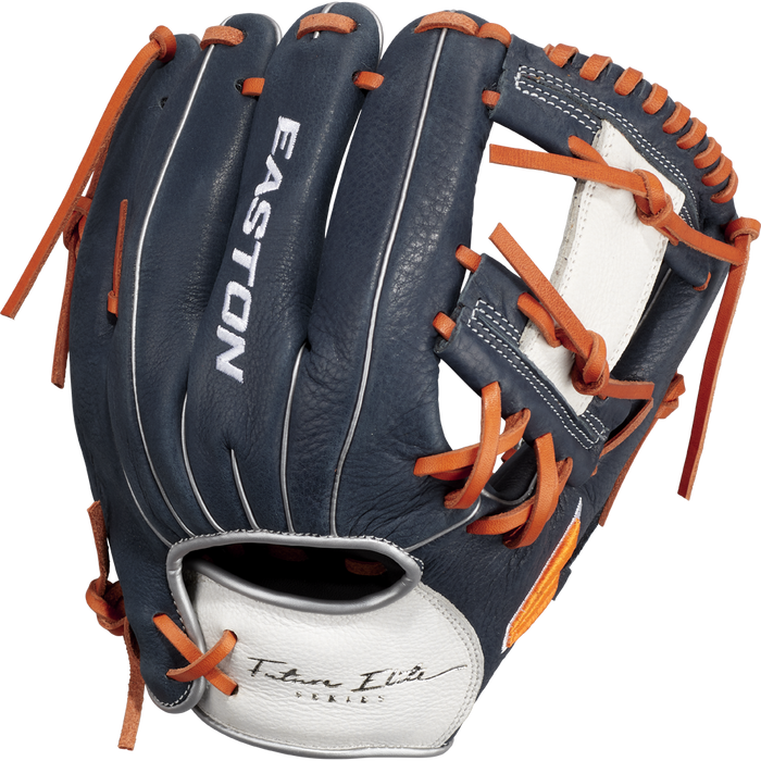 The Easton Future Elite 11" Baseball Glove (FE11-NYOR) features a navy blue and white design with orange laces, Easton branding on the back, and "Tan Elite Series" near the wrist—an ideal choice for 11U players seeking quality.