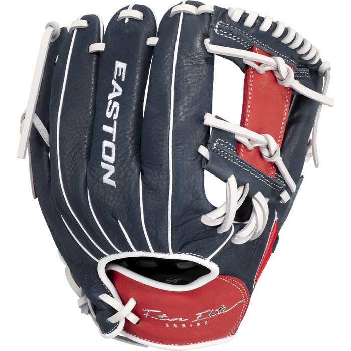 The Easton Future Elite 11" Baseball Glove (FE11-NYRD) features dark blue and red color, white laces and stitching, the Easton brand, and Finn I.D. on the palm—ideal for aspiring youth baseball players.