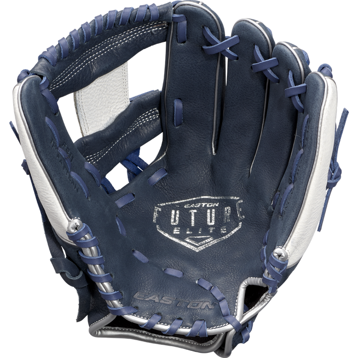 The Easton Future Elite 11" Baseball Glove (FE11-NYWH) features a dark blue and white design with blue laces and the Easton logo on the palm—open to reveal detailed inner stitching, it’s ideal for young players seeking quality and style.