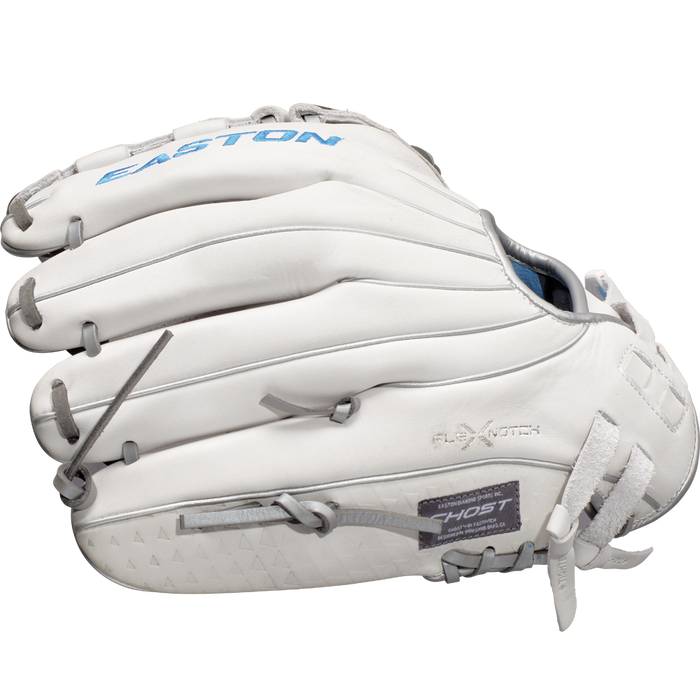 The Easton Ghost NX 12" Fastpitch Softball Glove (GNXFP12) features white leather with gray laces, blue Easton branding, a woven web, and Game Ready Diamond Pro Steer material—ideal for any fastpitch softball collection.