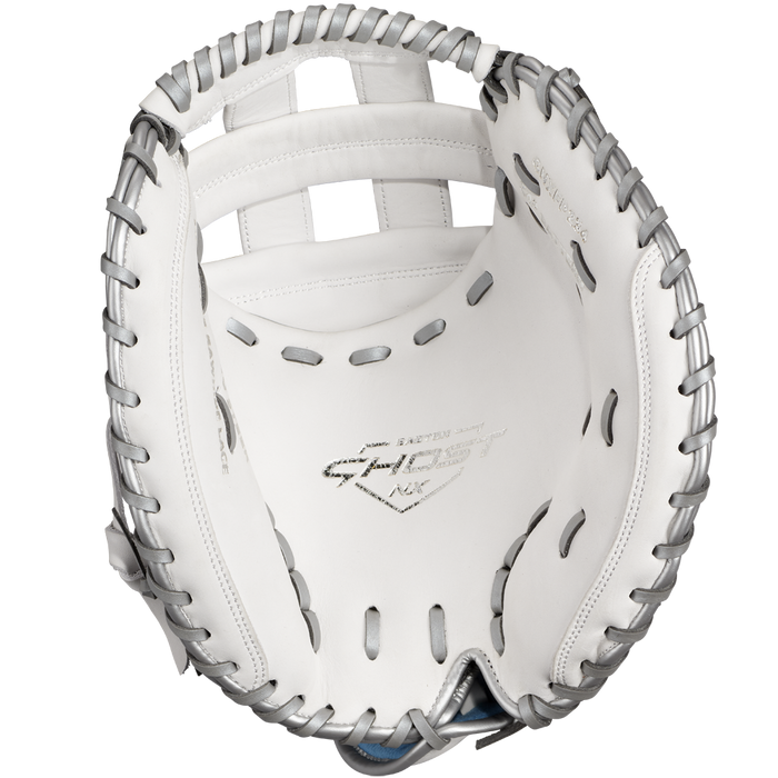 The Easton Ghost NX 34" Fastpitch Catcher's Mitt (GNXFP234) features Game Ready Diamond Pro Steer leather, gray lacing, and "Ghost" in the palm—perfect for fastpitch catchers seeking top performance.