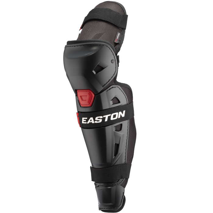 The Easton Hellcat Slowpitch Fielding Leg Guards (EHCATL) feature a black and gray design with red accents, adjustable straps, and provide ideal leg protection for slowpitch softball fielders.