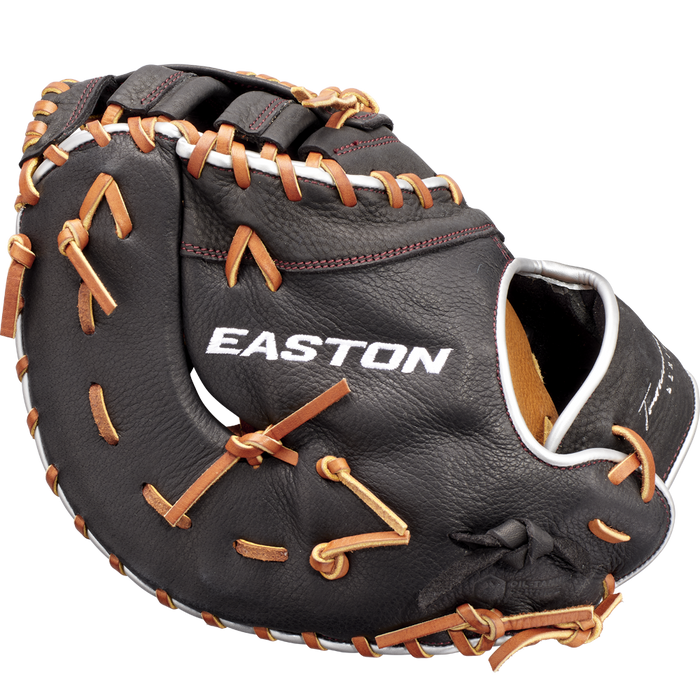 A black and brown Easton Tournament Elite 12.5" first base mitt (TEB3125) with tan lacing and "Easton Tournament Elite" printed in white on the palm.