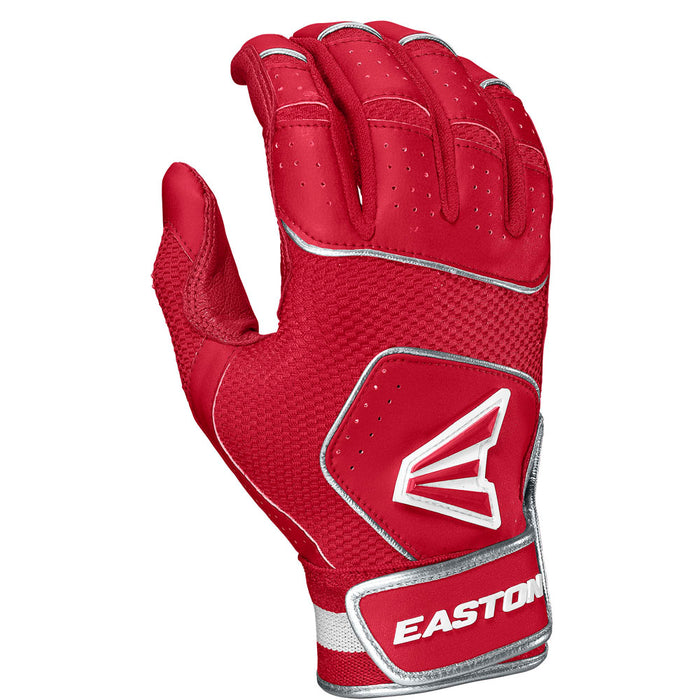 The Easton Walk Off NX Adult Batting Gloves (A121252) feature a red design with silver accents, visible ventilation holes, and the Easton logo on the wrist strap and back. Made from durable goatskin leather, they're shown upright with slightly curled fingers.