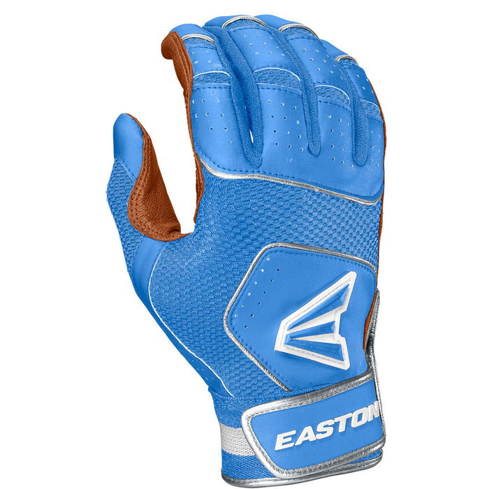 The Easton Walk Off NX Adult Batting Gloves (A121252) in blue and brown feature soft goatskin leather, a Velcro wrist strap, and a white Easton logo on the back.