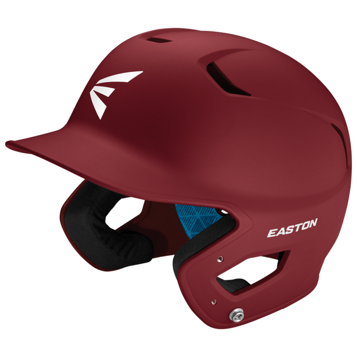 The Easton Z5 2.0 Grip Matte Solid Batting Helmet (Z52MT) in maroon features ear protection, ventilation holes, visible interior padding, white EASTON and E logos, and is NOCSAE certified for safety.