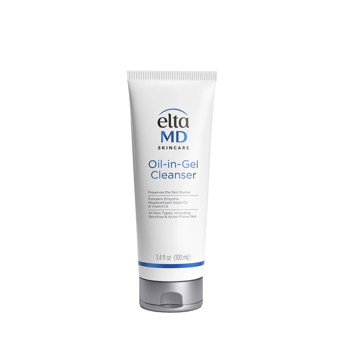 EltaMD Oil-in-Gel Cleanser tube, 100 mL, white and gray packaging