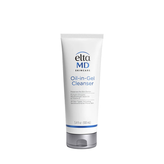 EltaMD Oil-in-Gel Cleanser tube, 100 mL, white and gray packaging