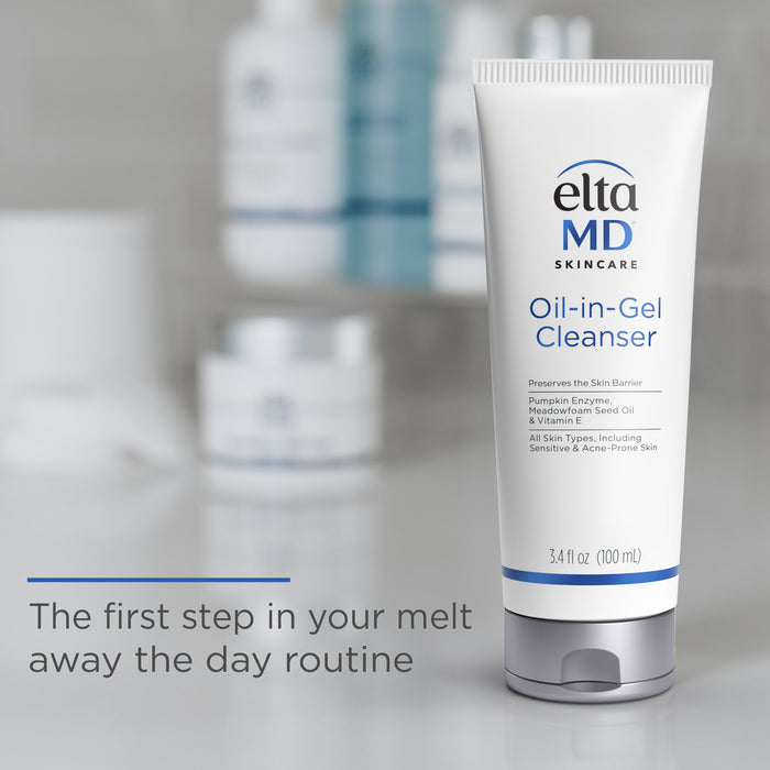 EltaMD Oil-in-Gel Cleanser tube, 3.4 fl oz, white and blue skincare packaging