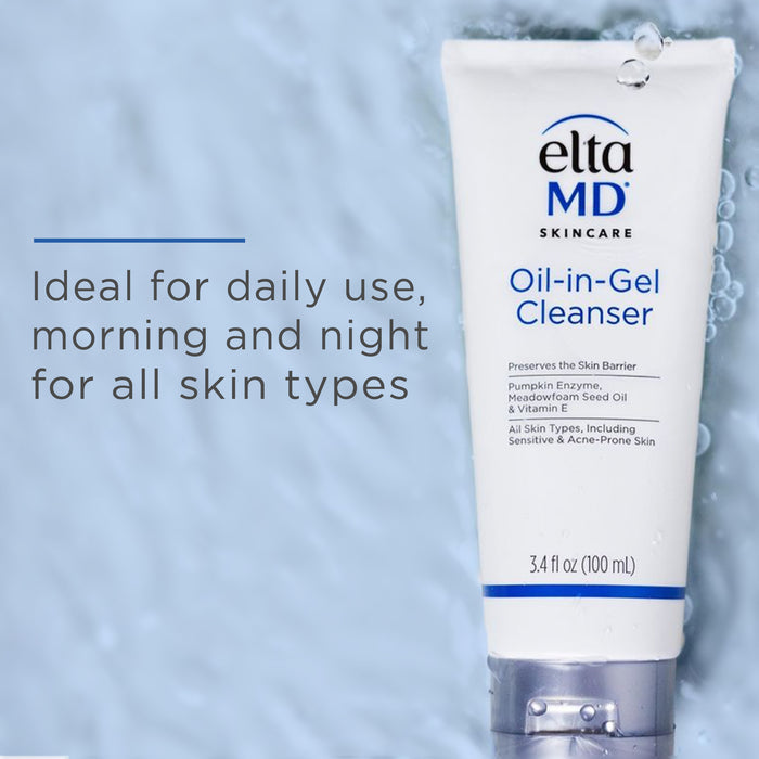 EltaMD Oil-in-Gel Cleanser tube with daily use text on blue background