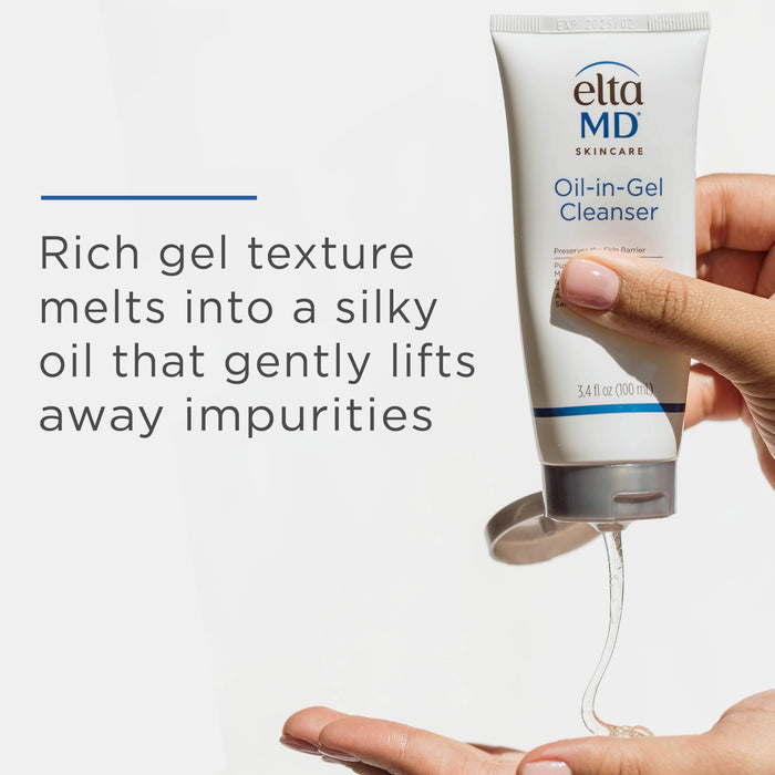 EltaMD Oil-in-Gel Cleanser tube dispensing gel cleanser into a hand, with text about rich gel texture