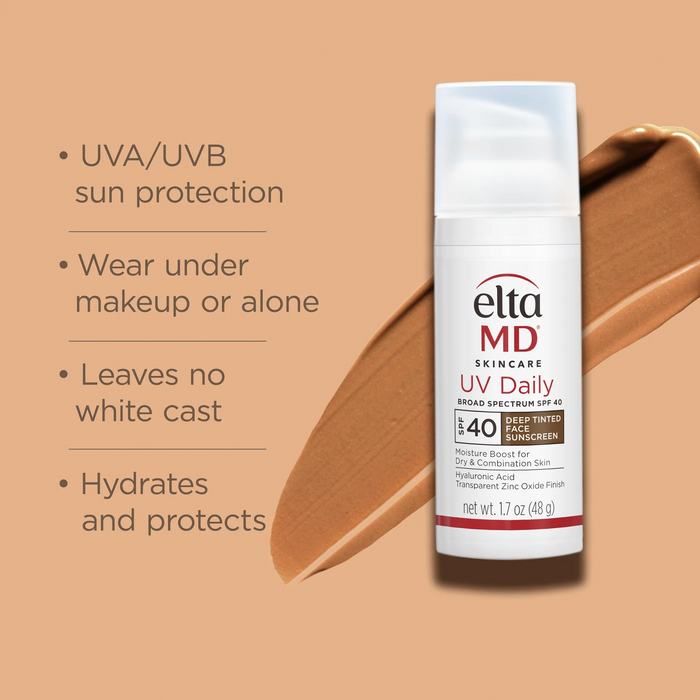 EltaMD UV Daily Deep Tinted SPF 40 sunscreen bottle with deep tint swatch