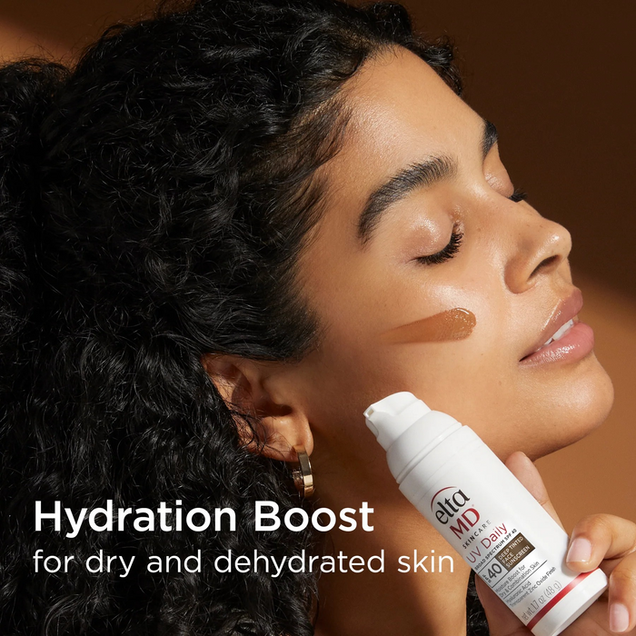 EltaMD UV Daily Deep Tinted SPF 40 sunscreen bottle with deep tint on woman’s cheek, Hydration Boost text